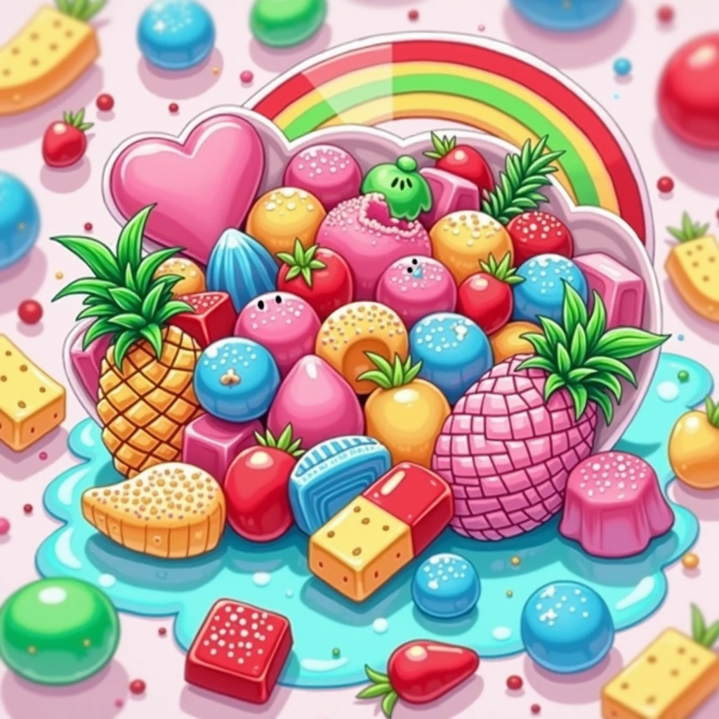 Lots of sweets, sparkly, cute items, gummy chocolate, pineapple, magic compact, pastel colors, pop art, watercolor illustration
