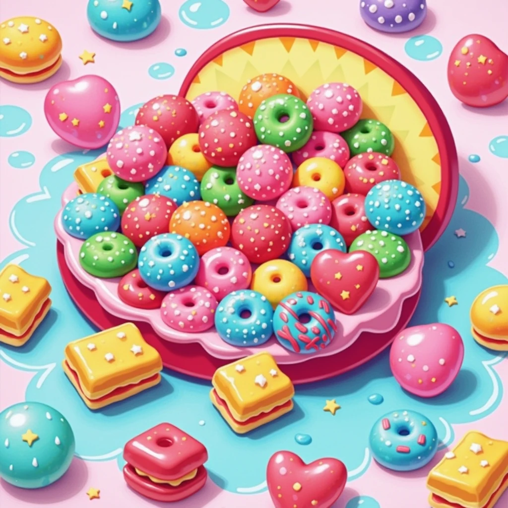 Lots of sweets, sparkly, cute items, gummy chocolate, pineapple, magic compact, pastel colors, pop art, watercolor illustration