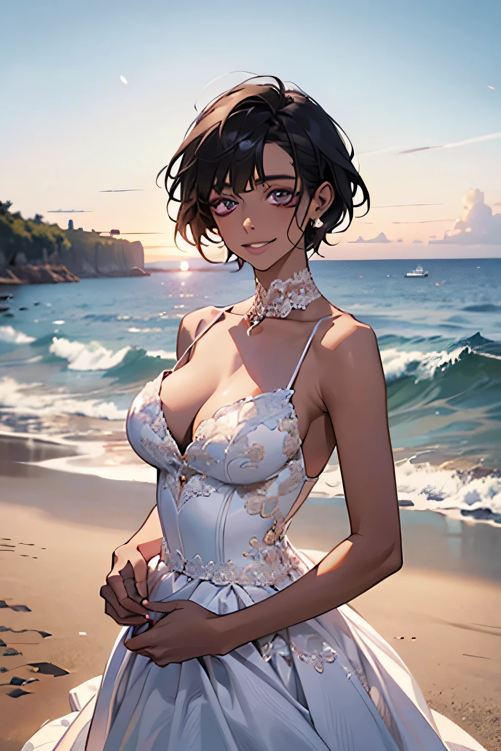Ocean,young woman,Are standing,Small Head,View your viewers,The best smile,short hair,Black Hair,Lilac eyes,Large Breasts,Cleavage,(White Wedding Dress),(chocolate-colored skin).