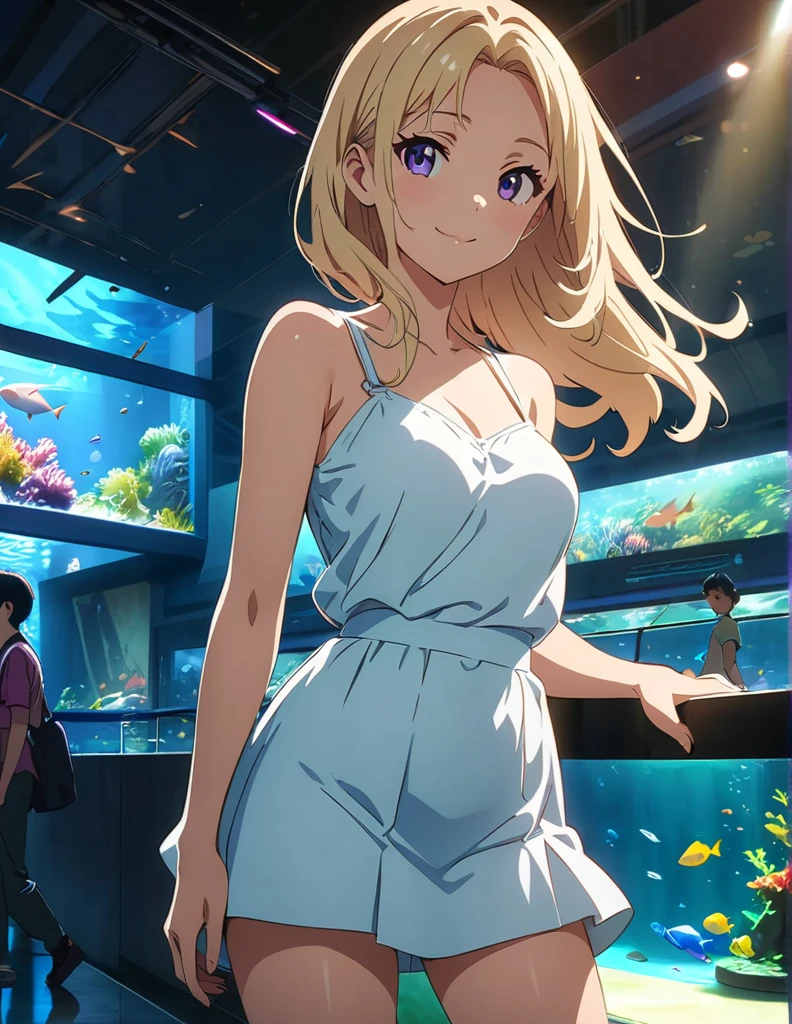 (anime artwork, anime style, studio anime, very detailed, up to date, vibrant, Anime Coloring, high contrast, masterpiece:1.2, best quality, best aesthetics),1 girl, Medium chest, A glimpse of thighs,happy,aquarium,light smile, summer clothes,crowd,