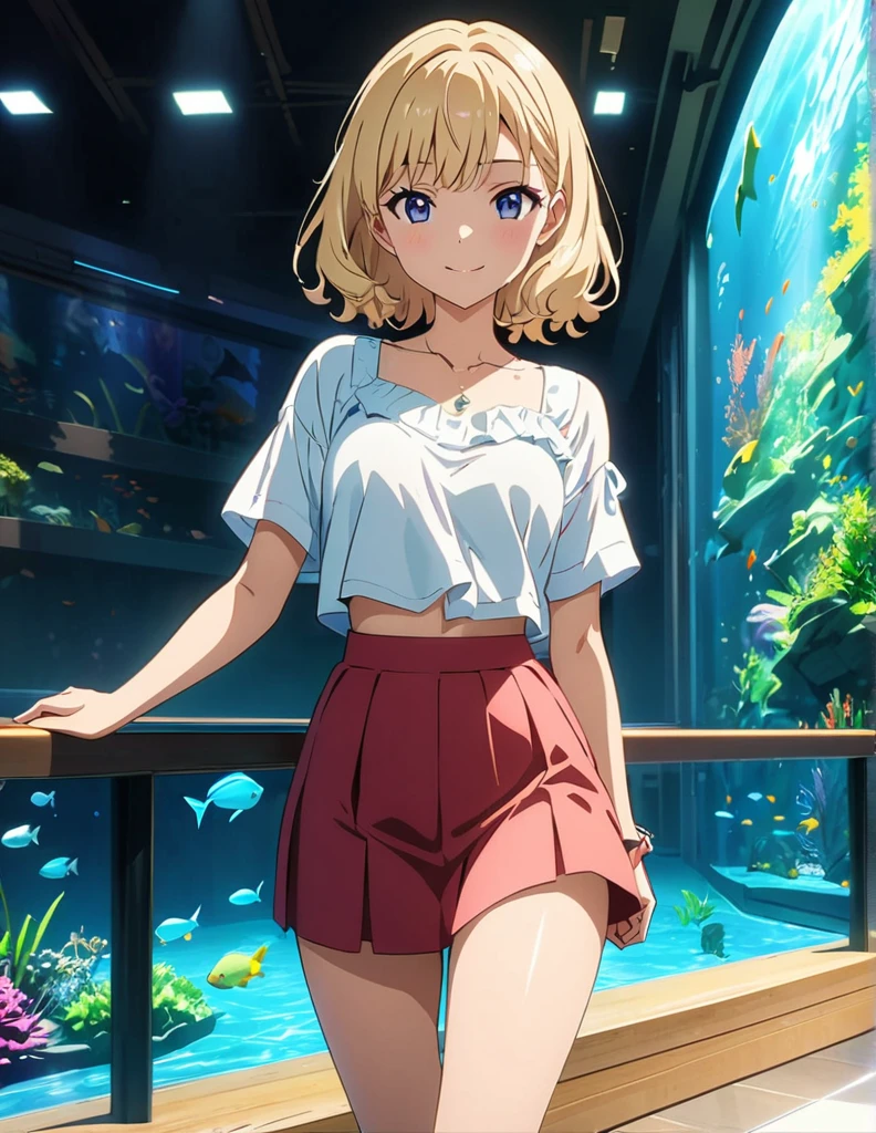 (anime artwork, anime style, studio anime, very detailed, up to date, vibrant, Anime Coloring, high contrast, masterpiece:1.2, best quality, best aesthetics),1 girl, Medium chest, A glimpse of thighs,happy,aquarium,light smile, summer clothes,crowd, 