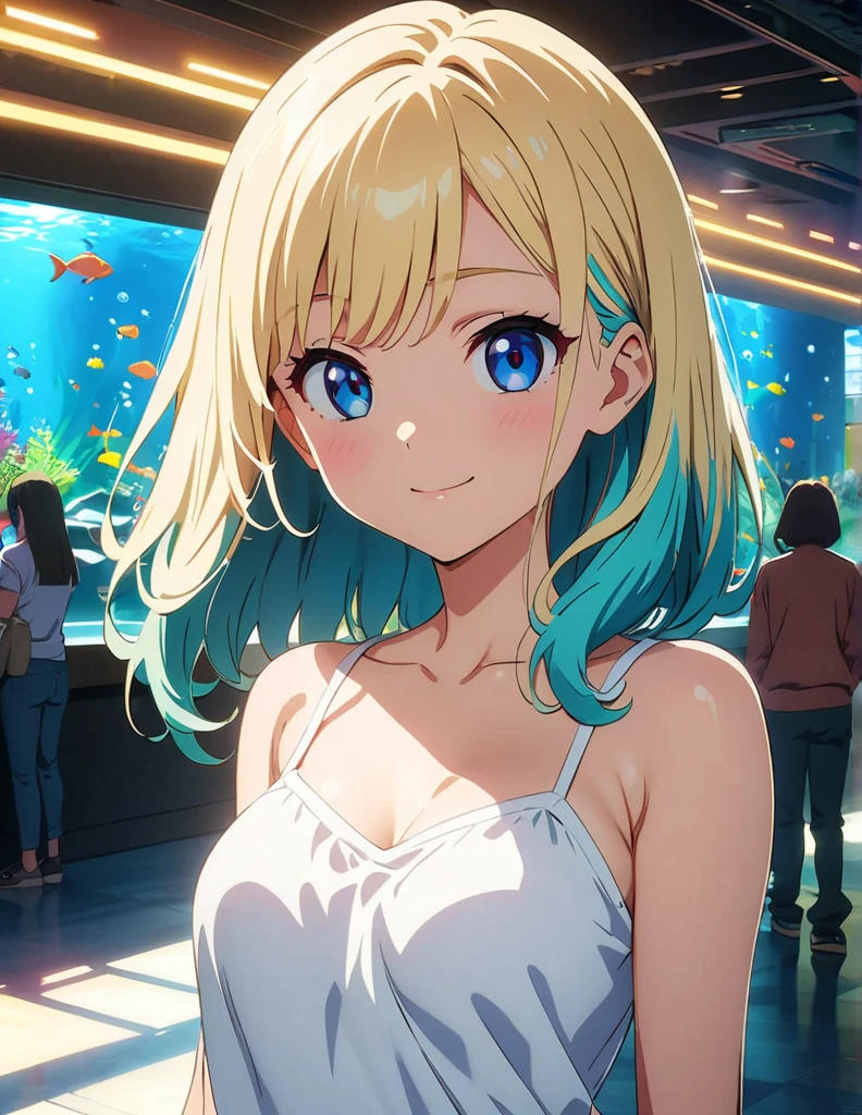 (anime artwork, anime style, studio anime, very detailed, up to date, vibrant, Anime Coloring, high contrast, masterpiece:1.2, best quality, best aesthetics),1 girl, Medium chest, A glimpse of thighs,happy,aquarium,light smile, summer clothes,crowd,