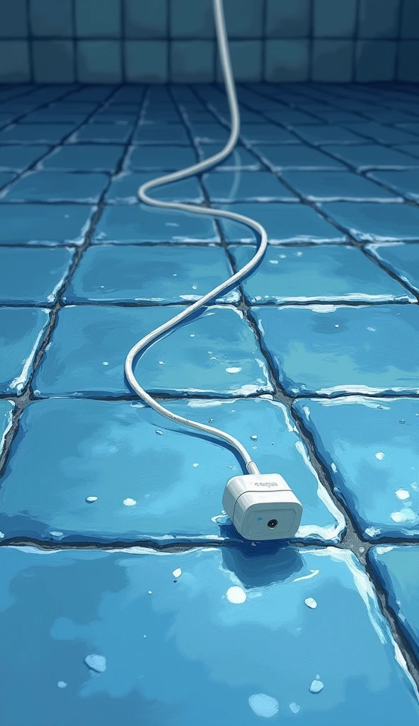 blue tile floor, Water-soaked tile floor, illustration, Floor close-up, White power cord submerged in water, Oil painting