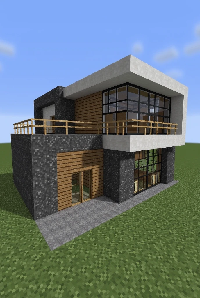 Make a modern house with a rustic style in Minecraft, not too big, but not too small, with 2 floors and with the following materials 
dark gray concrete
white concrete 
fir wood
rock
