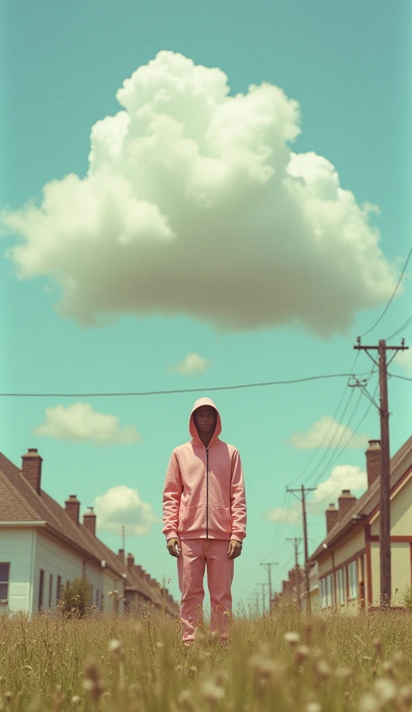 weird looking human figure. setting: houses, pastel colors, cotton clouds above, surreal atmosphere, raw photo, , 35mm