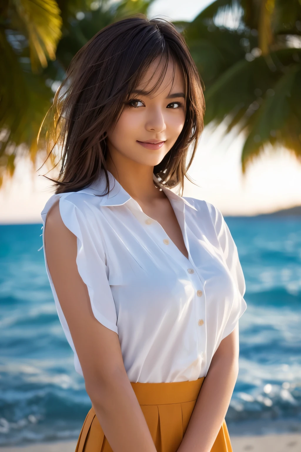 realistic, photogenic, with the sea in the background, wearing school uniform, the top button of the upper cloth is open, a little exposed at chest, skirt is short and just reaching above the thighs, middle-length hair, hair color mixes bronde and brown, hair is blowing in the wind, hair is shaggy and dishevelled, very sunburned and tanned skin, slendar figure, skiny chest, heavy and vivid makeup, small mouth, small nose, smooth shaped jawline, glossy face, heavy flushed cheeks, big smile while open mouth, easing someone, detailed eyes, slanted eyebrows, detailed lips, close-up shooting, photorealistic, highly detailed, 8k, best quality, masterpiece, vibrant colors, dramatic lighting, cinematic composition, digital art