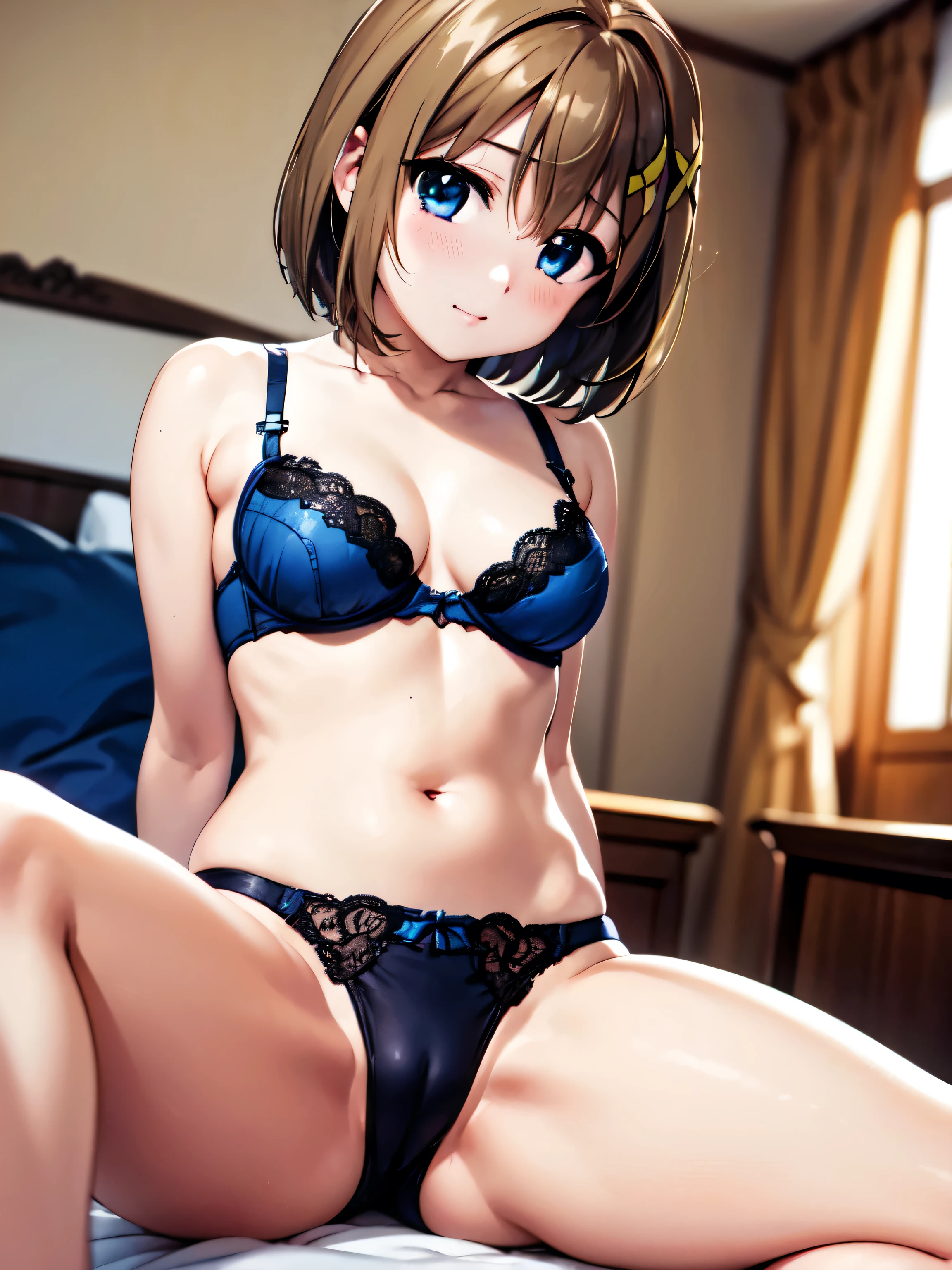 masterpiece,Highest quality,Very detailed,indoor、(Anime illustration style:1.3)、fluffy、bed,One Girl, Photographed from the front,Hayate Yagami, Hayate Yagami, short hair, blue eyes, Brown Hair, hair ornaments, x hair ornaments, (Beautiful details:1.6), Very detailed顔, Perfect lighting, Very detailedCG, (Perfect hands, Perfect Anatomy),Light blue underwear、good、Beautiful Hair、Cowboy Shot、blush、bedに座っている、Spread your legs、Moe