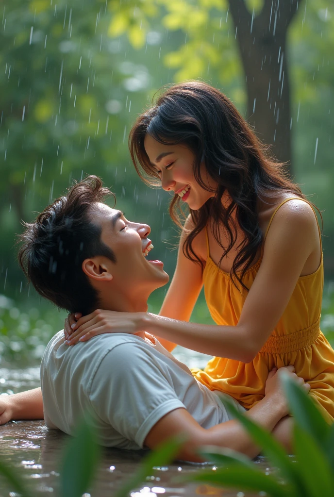 A couple of 20 years playing in rain in which boy is lying down and girl.is standing and laughing on.him