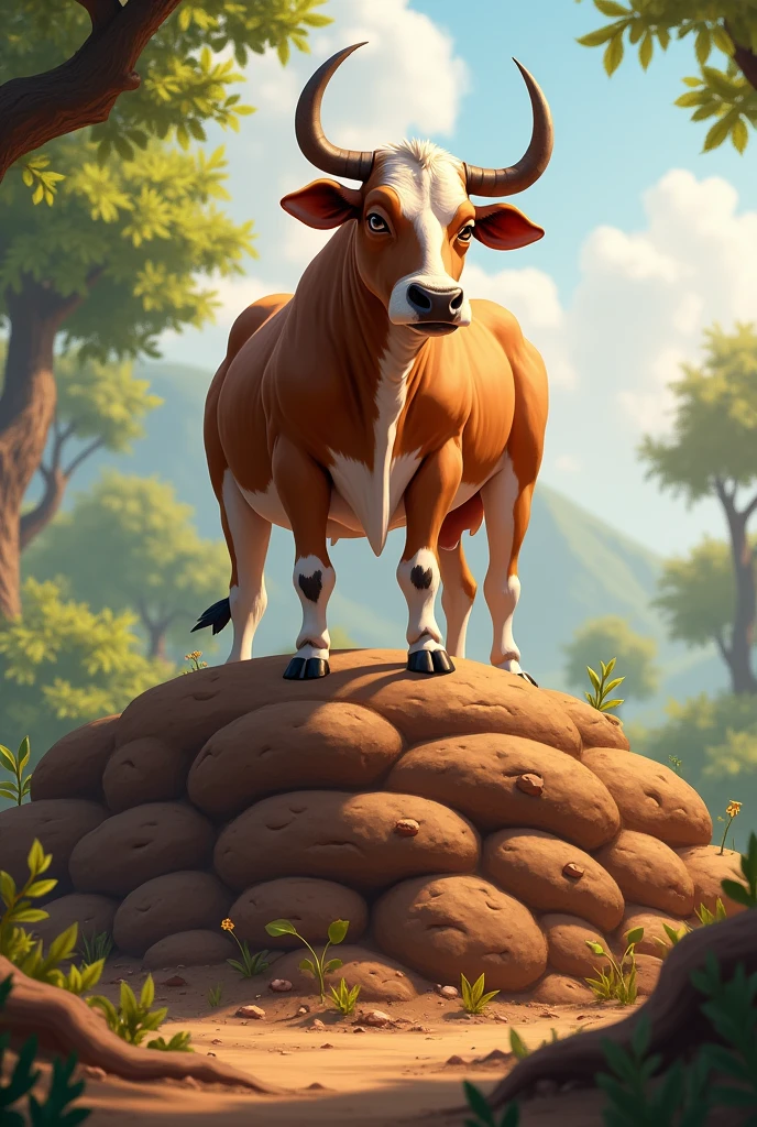 A indian cow standing on top of a dung heap