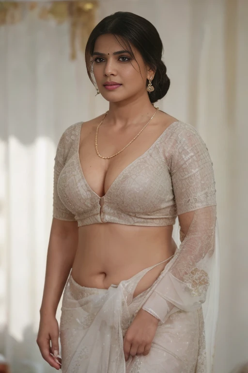 daytime view, close up shot of samantha from top view, wearing transparent and thin saree, standing,, looking to camera, big and curvy cheeks, hourglass figure, sexy navel, deep cleavage,swooping breasts, ponytail, necklace, (cinematic:1.3), intricate details , (ArtStation:1.2)rendom nudity