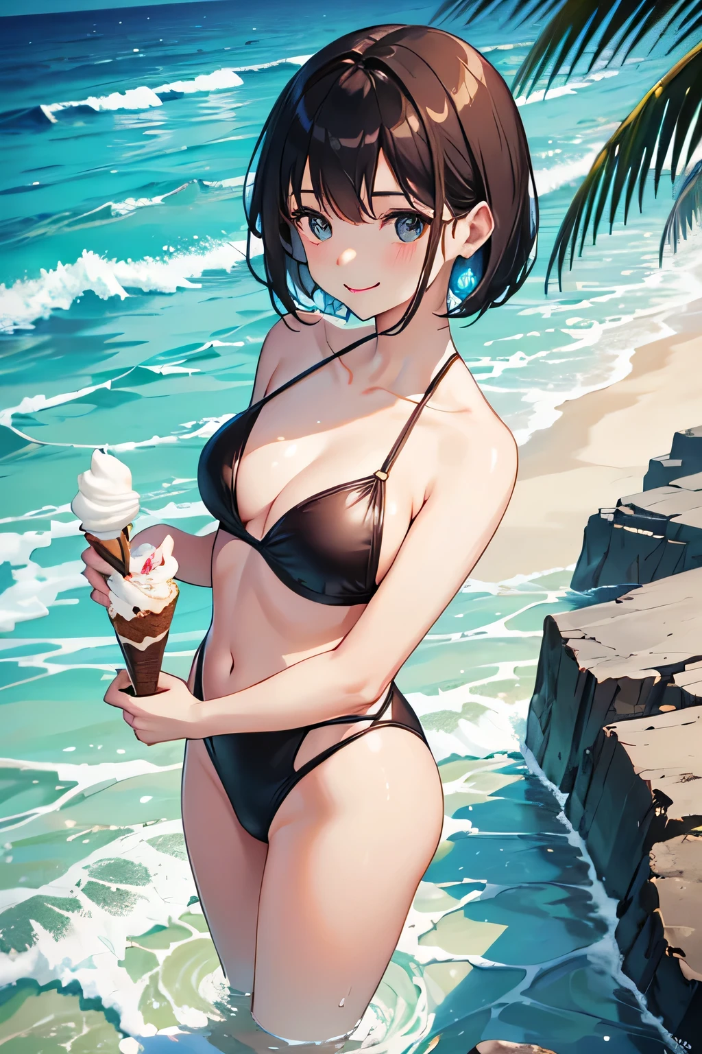 Ocean，Young Woman，Height 175cm，Are standing，Small Head，(Provocative smile)，Eating ice cream，tongue，short hair，Black Hair，(White swimsuit)，(Chocolate brown skin).