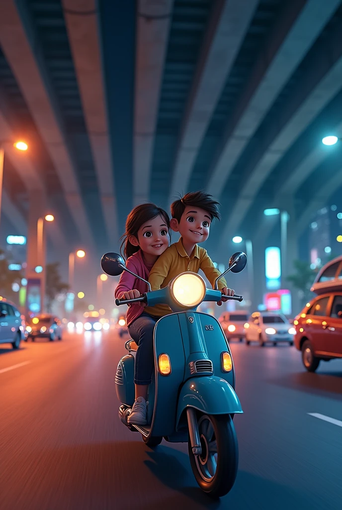 Generate a picture of boy and a girl on scooter under the flyover on a wide road at night and some of vehicles with beautiful street lights camera angle by side