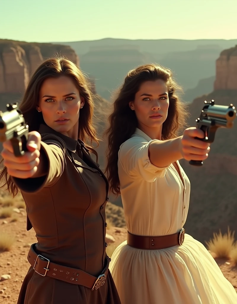 Cinematic film still from the movie "Bandidas", intense gritty, photo of two beautiful female cowboy outlaws , the one on the left holding a pistol is wearing a brown jacket, the one on the right holding a rifle is wearing white wild west theme dress , looking at the viewer, horse riding, Grand Canyon, golden hour , dramatic shadows , natural lighting . dusty mood