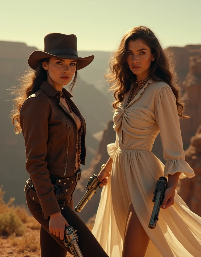 Cinematic film still from the movie "Bandidas", intense gritty, photo of two beautiful female cowboy outlaws , the one on the left holding a pistol is wearing a brown jacket, the one on the right holding a rifle is wearing white wild west theme dress , looking at the viewer, horse riding, Grand Canyon, golden hour , dramatic shadows , natural lighting . dusty mood