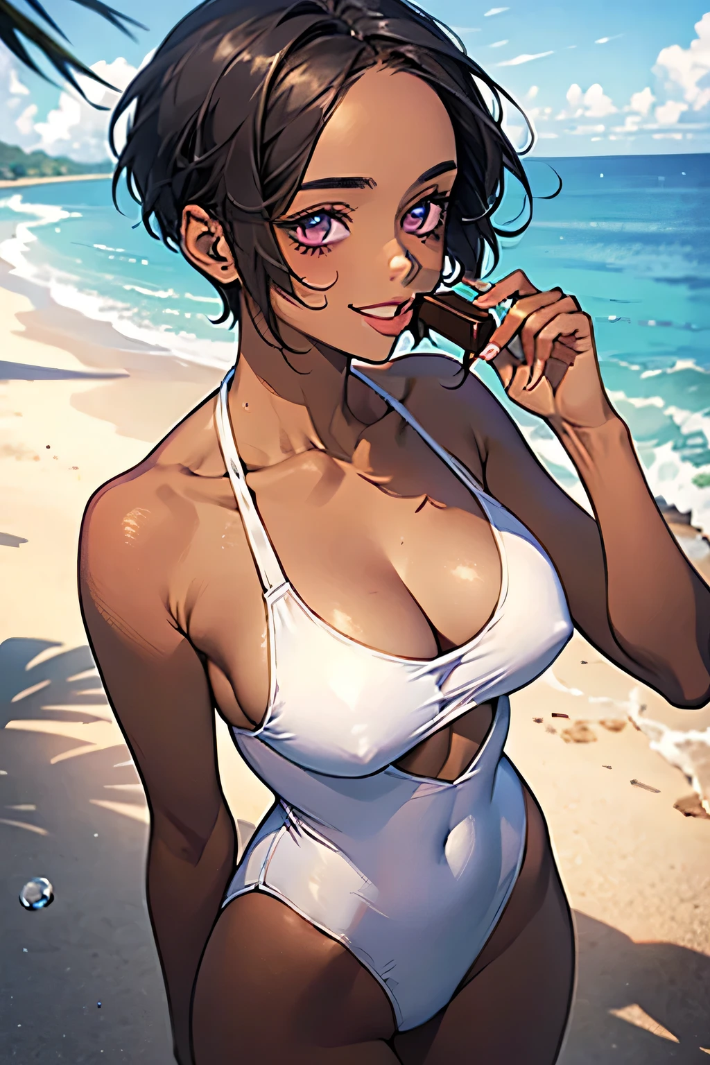 Ocean,Young Woman,Are standing,Small Head,Eating ice cream,tongue,(Provocative smile),short hair,Black Hair,Lilac eyes,Large Breasts,Cleavage,(White swimsuit),(Chocolate brown skin).