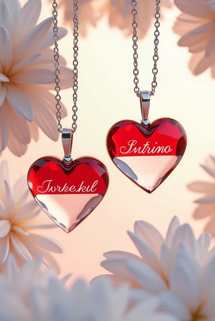 Delicate and sober heart-shaped
pendants with chain each in shiny
glass Indonesian flag, with the well-
written engraved names "Sutrisno Fitri Ayu" background with white
flowers HD, rendering 3d, fashion,
vibrant, photo.