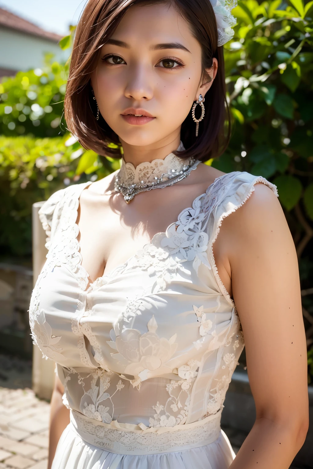 best quality, ultra high res, (photorealistic:1.4), 1 girl, (ulzzang-6500:1.0), beautiful indonesian girl, (intricate maid crothes:1.4), dark short cut hair, intricate earrings, intricate lace hair ornament, wearing kebaya with "wuling" logo, 25 year old