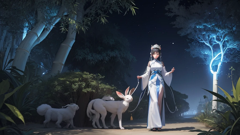 night，A vast expanse of silvery sand amidst the laurel trees，A beautiful and charming woman wearing gorgeous white ancient Chinese costume，Black long hair，Charming black eyes，Standing，and a white furry rabbit wearing blue ancient clothes，Rabbit carrying bamboo backpack，Standing，Surrounded by laurel trees，The sky is deep blue，Night Sky，