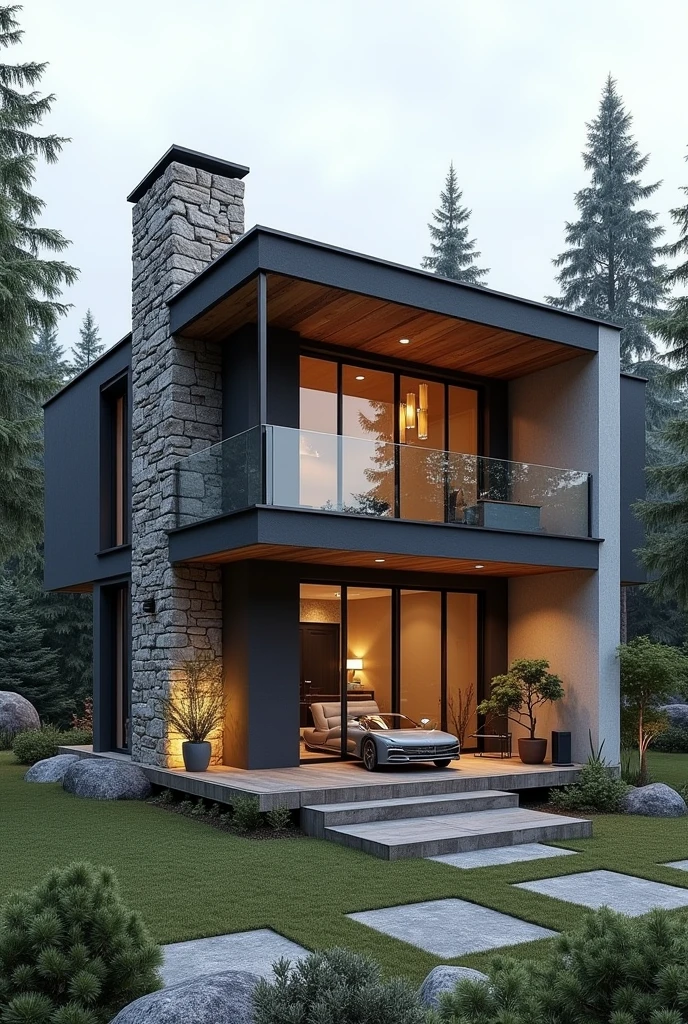 Make a modern house with a rustic style , not too big, but not too small, with 2 floors and with the following materials 
dark gray concrete
white concrete 
fir wood
rock
