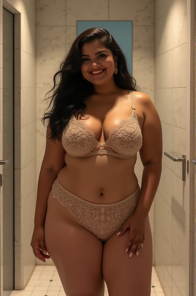 "Create photo visual, plus size woman, white skin,standing with her back turned, wearing a bikini. The setting is a cozy room, with soft lighting and minimalistic decor. The focus should be on her joyful and confident posture, capturing a sense of body positivity and self-acceptance."