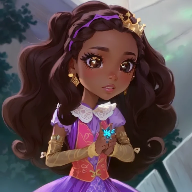 cedar wood, ever after high, black skin made of wood, dark brown hair, brown eyes, purple tiara with a cricket, yellow earrings, purple, yellow and pink clothes, white and orange socks, brown shoes made of wood