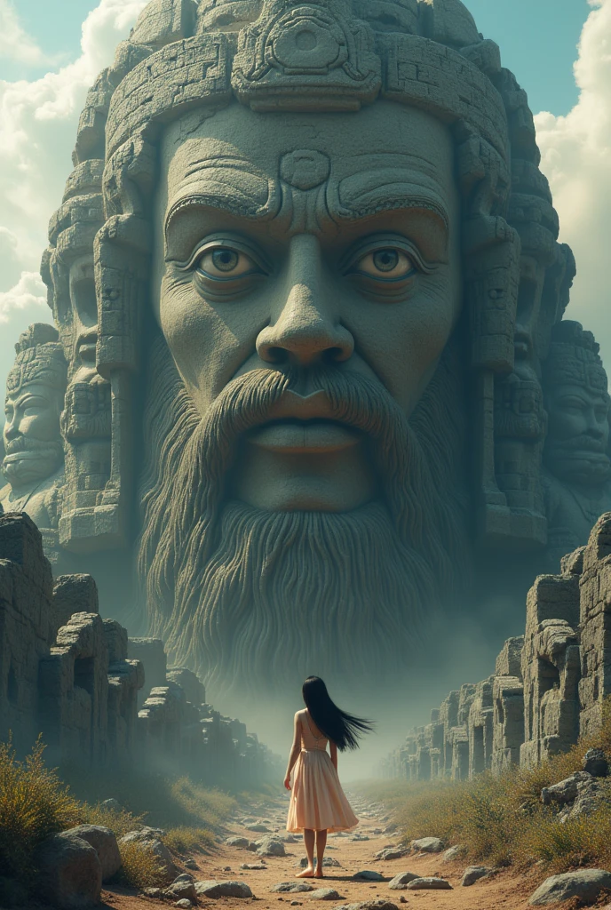 a huge ancient stone statues of powerful deities, towering over a small human figure, 1girl, beautiful detailed eyes, beautiful detailed lips, extremely detailed eyes and face, long eyelashes, awe-struck expression, anime, digital art, highly detailed, 4k, 8k, hyperrealistic, photorealistic, masterpiece, dramatic lighting, epic scale, volumetric lighting, dramatic cinematic composition, vibrant colors, fantasy, mystical, surreal