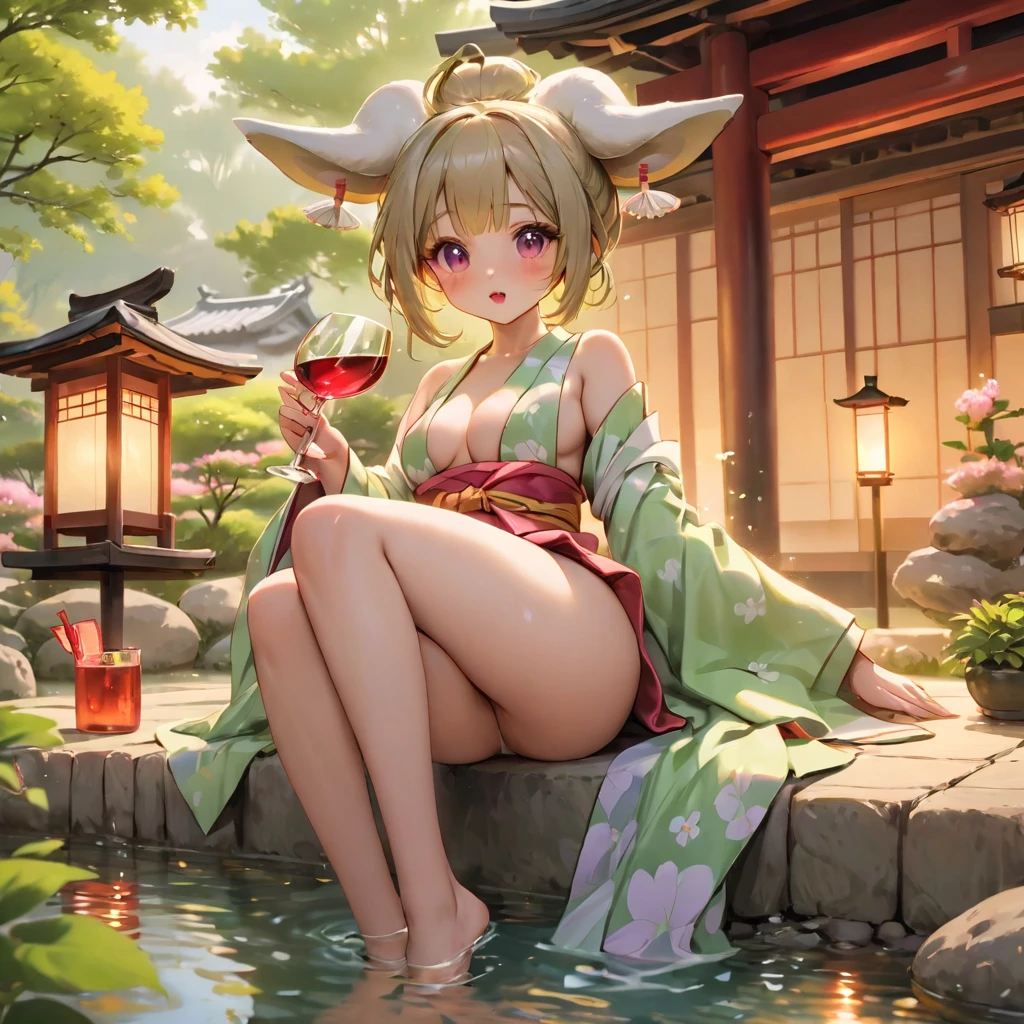 There are ghost horns on the head，Petite stature，****，Small Breasts，Japanese short kimono showing breasts and legs，breast stickers，In Japanese garden，drink wine，sex，beauty