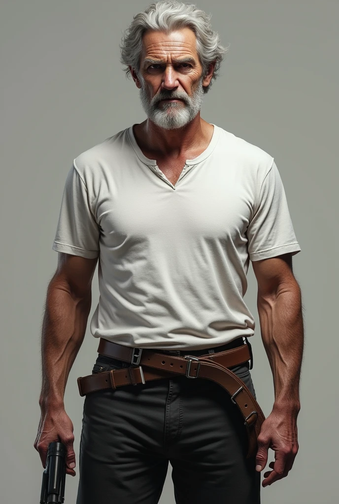 Guns and grey hair are fine, but put him in a white t-shirt and black pants.