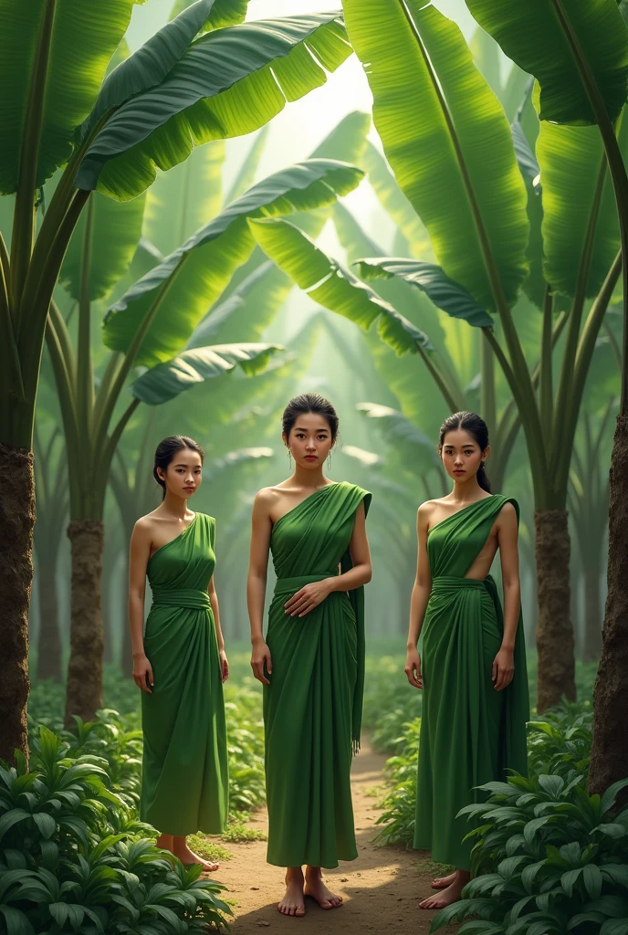 Thai women wearing green sashes in banana trees