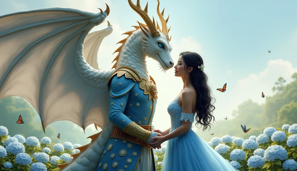 Full body image of a male dragon with white scales, blue eyes, six golden horns, feathered wings, wearing a blue suit decorated with white rose patterns, wearing golden armor, standing holding hands with a beautiful young woman with black hair, brown eyes, wearing a blue dress with white rose patterns, both of them standing hugging and staring into each other's eyes, in the middle of a field of hydrangeas, with butterflies flying around.