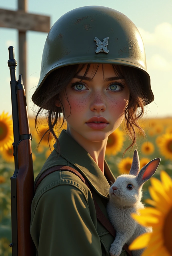 Portrait of one very beautiful military girl,messy brown hair, beautiful detailed eyes, beautiful detailed lips,Ultra-realistic skin,The breathtaking beauty of her eyes and the sparkle of her clear blue eyes, extremely detailed face and features, wearing an old German military helmet and uniform, holding a detailed rifle, The perfect shape, shape and texture of an old-fashioned rifle.standing in a sunflower field,A crossroads in a sunflower field 、looking at a tall signpost at a crossroads, The girl is not looking at the camera.The girl is looking at the signpost,A white rabbit is looking at a signpost with a girl, The realistic depiction of military uniforms, the precise shape, texture and shine of rifles,The perfect shape of the hand holding the rifle and the depiction of the fingers,The shape of the helmet, the matte texture, the realistic fur and shape of the rabbit,Side shot,highly detailed, (masterpiece, best quality, 4k, 8k、:1.5) , ultra-fine painting, Physically Based Rendering,Cinema lighting,Ultra-fine painting,Vivid colors,Professional photography resolution, award-winning,Professional painting,