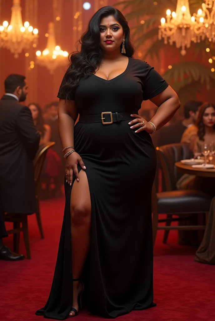 Indian sexy fat cubby lady wearing black tshirt tshirt with long sexy high slit to hips maxi skirt party