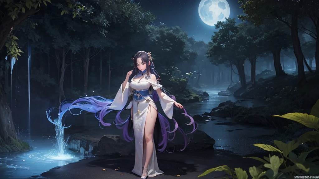 night，A vast expanse of silvery sand amidst the laurel trees，A beautiful and charming woman wearing gorgeous white ancient Chinese costume，Black long hair，Charming black eyes，Standing，Surrounded by laurel trees，The sky is deep blue，Night Sky，