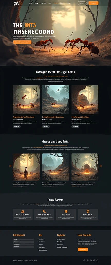 Game enterprise brand official website,strategy game,Cute ant subject,Clarity,Sober Web Page,Real Ants,Realistic Ant,Gaming websites,3D realistic style,reference:dribbble,Behance and other avant-garde web design creativity,Novel typography,High-end typesetting solutions,Advanced typography,Banner picture game font says:The Ants: Underground Kingdom The World's First Ant Strategy Games,