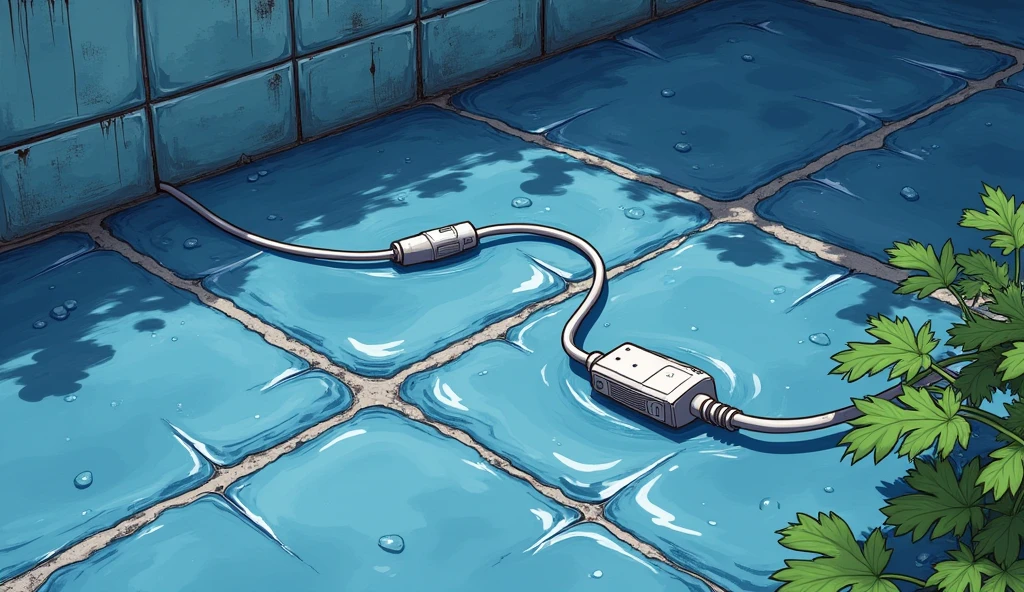 blue tile floor, Water-soaked tile floor, illustration, Floor close-up, White power cord submerged in water, 110v power cord, Oil painting, hand drawn, Realistic sketch, rough sketch, A mix of thick dark lines and loose lines, thick line, masterpiece, best quality, 4K, sharp focus. coriander,