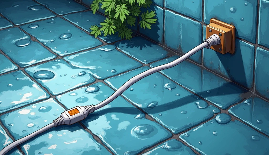 blue tile floor, Water-soaked tile floor, illustration, Floor close-up, White power cord submerged in water, 110v power cord, Oil painting, hand drawn, Realistic sketch, rough sketch, A mix of thick dark lines and loose lines, thick line, masterpiece, best quality, 4K, sharp focus. coriander,
