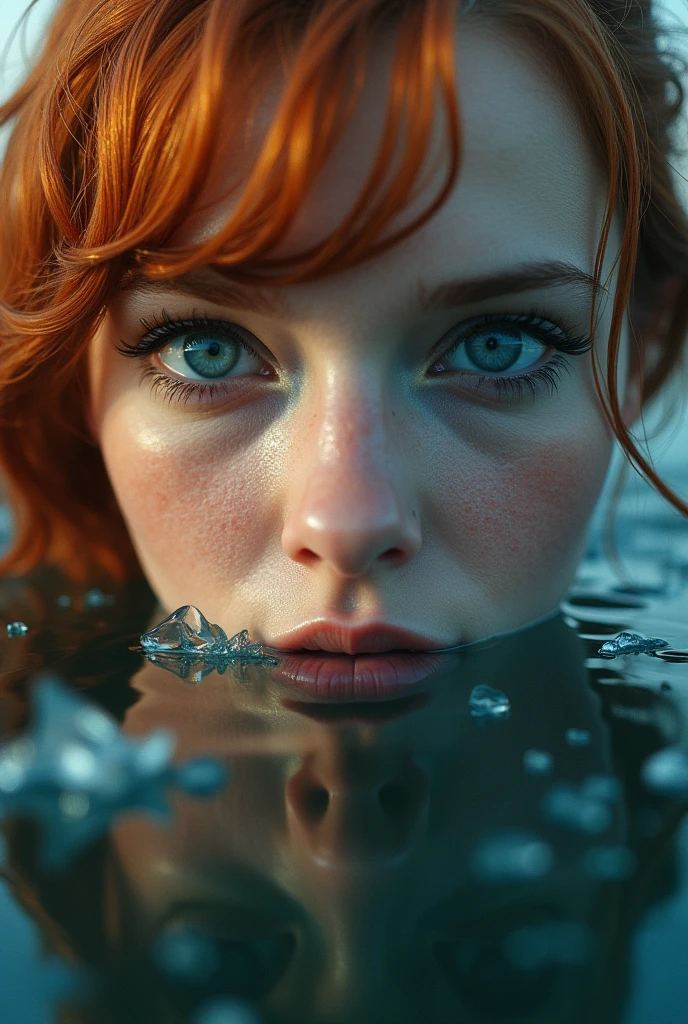 Reflective, shatter water, crash, broken glass, full portrait, finely drawn eyes, 64k resolution--Meme core Art, Cinematic, Fujifilm Neoplan 200, Fish-eye Lens, chromatic, moody, glitch, glowing, cinematic perfect intricate stunning fine detail.--cinematic shot on canon 5d, ultra skin intricate clothes accurate hands, gray eyes, ginger hair , perfect eyes, best quality, extremely sharp focus face, analog fine film grain, post-apocalyptic, cinematic, realistic, trending art station, helicopter, flag of . focus, studio photo, details, highly Rutkowski, intricate, busy, raw, 64k, isometric, digital smog, 3d render, octane volumetry