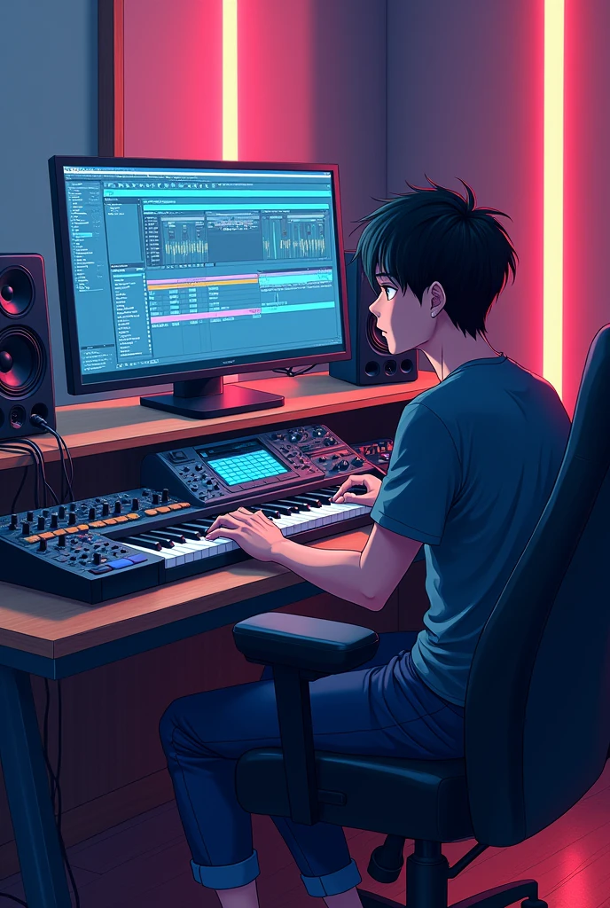 Create an 2d anime style ilustration. a man in a modern music studio. sitting on a chair in front of a studio, on the desk there are music production devices such as keyboards, monitors, and speakers. The monitor screen shows the music production software that is currently active. The atmosphere of this image reflects the creative working environment in electronic music production.