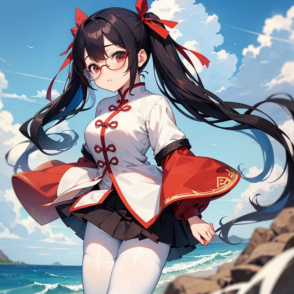 Zhezhi | Wuthering Waves,twintails, multicolored hair, glasses, hair ribbon, chinese clothes, white pantyhose,