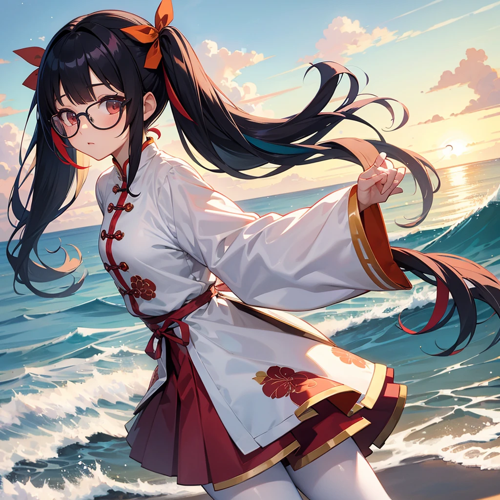 Zhezhi | Wuthering Waves,twintails, multicolored hair, glasses, hair ribbon, chinese clothes, white pantyhose,
