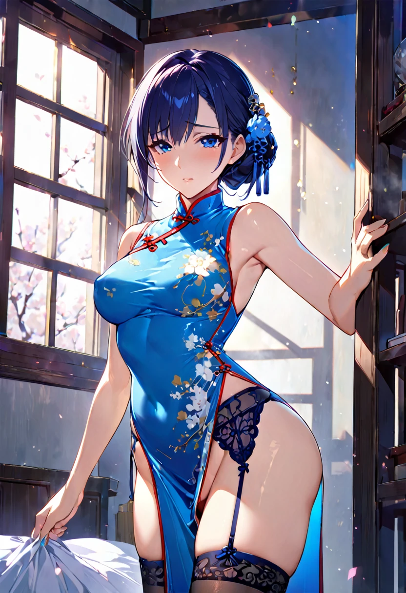 NFSW High Resolution, adult woman , good lighting, Negligible, , (no nudity), (((bright blue cheongsam))), (()), ((())), (garter belt), abdomen only, (), , beautiful face, I'I'm embarrassed and blushing, humiliating, ((turn around and look back)), (T-back)(there is a large amount in the body,) With very large breasts and slender