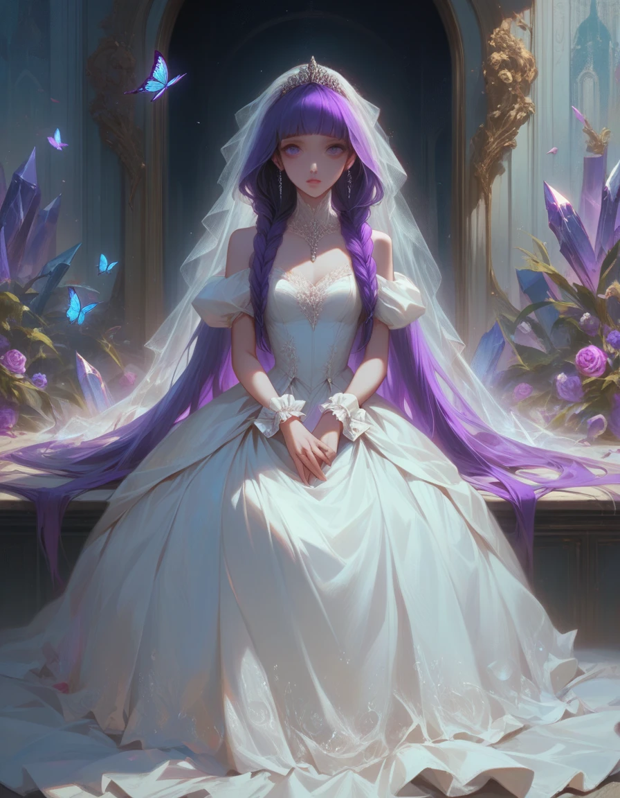 New purple crystal wedding dress is filled with multi-layered tulle, European style white pattern marble background wall, Fairytale palace style, Oversized skirt. The neckline and cuffs are decorated with openwork lace and jewellery, The skirt is decorated with gorgeous flowers and butterflies.. Fantasy, Surreal, High resolution, Very detailed, Realistic, High resolution, Octane Rendering, Cinema Lighting