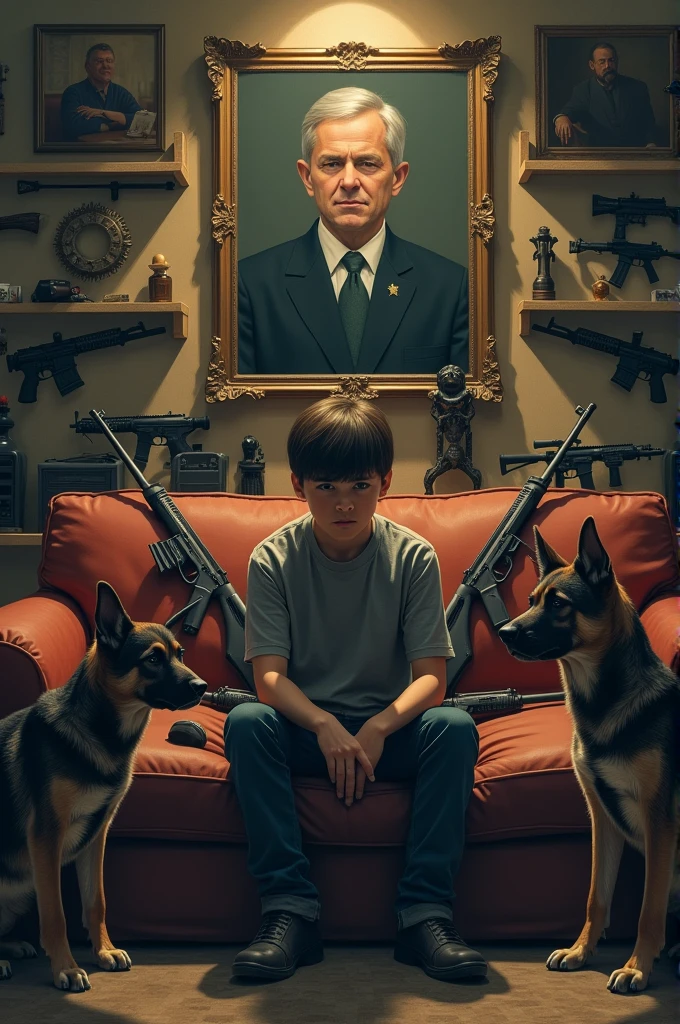 Young 15 year old boy sitting on the couch, surrounded him by different gun, 2 k9 doys, RJL the Statesman on the wall
