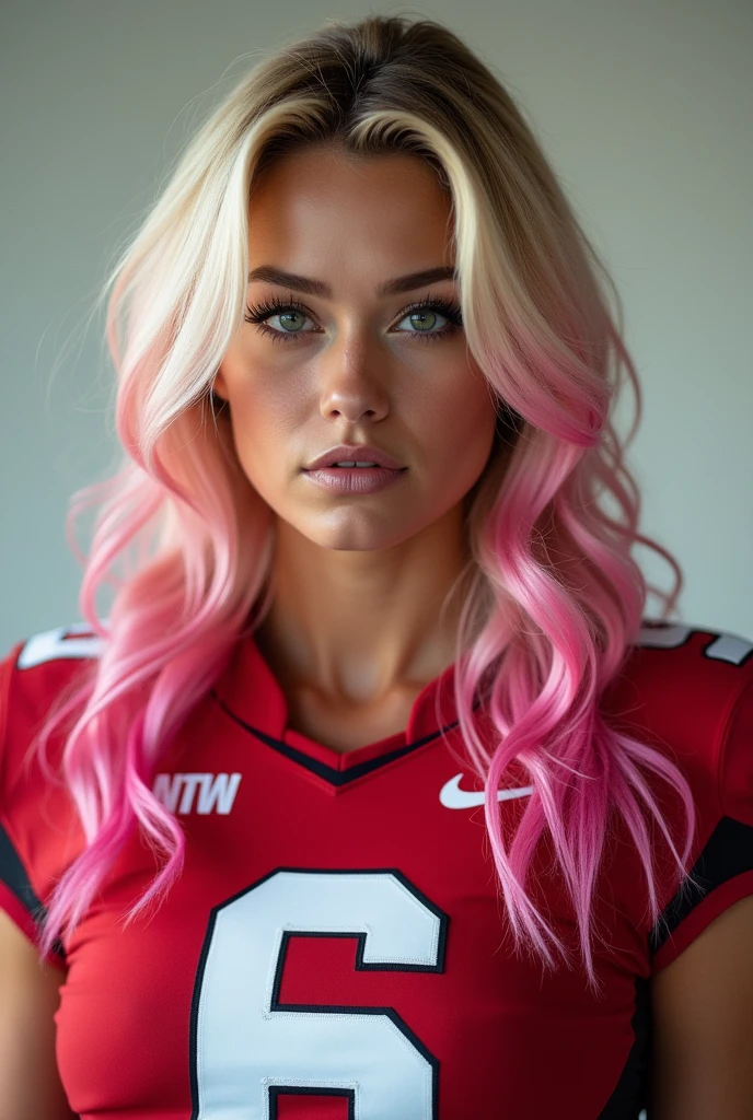 A photo of Lexi Stevens, a quarterback for the female Wisconsin Badgers football team. Number 6. Blonde hair with pink tips and a busty frame