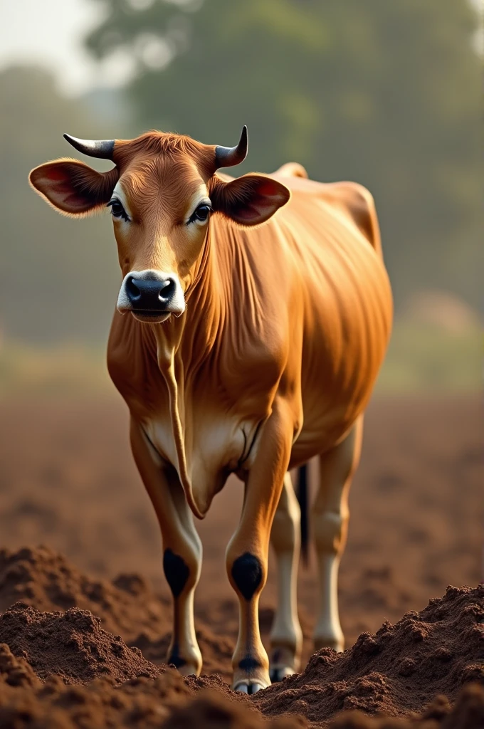 A sahi wal cow stands on dung 