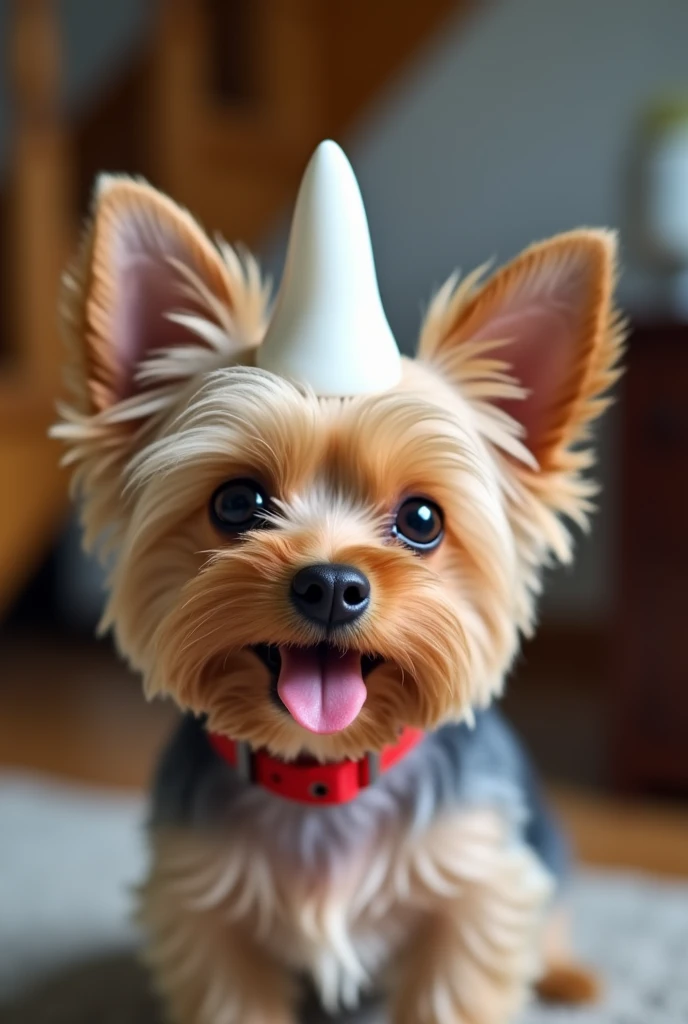 A small Yorkie dog with a fawn coat and red collar, wearing a white fang on his head like a hat. The dog has an adorable expression with his little tongue sticking out slightly, and his big round eyes looking straight ahead. The fang is placed vertically on his head, with the ventilation holes visible, adding a humorous touch to the scene. The background shows a house interior, with a wooden staircase and soft lighting, but the focus is mainly on the dog and his cute, quirky pose.