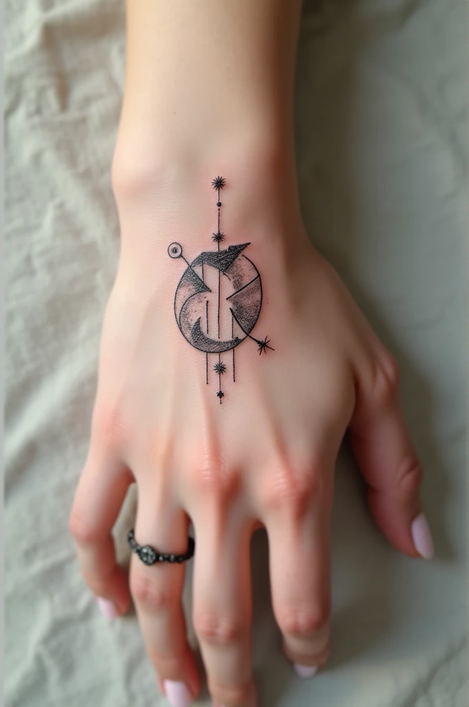 A hand tattoo representing the zodiac sign Gemini, let it be feminine
