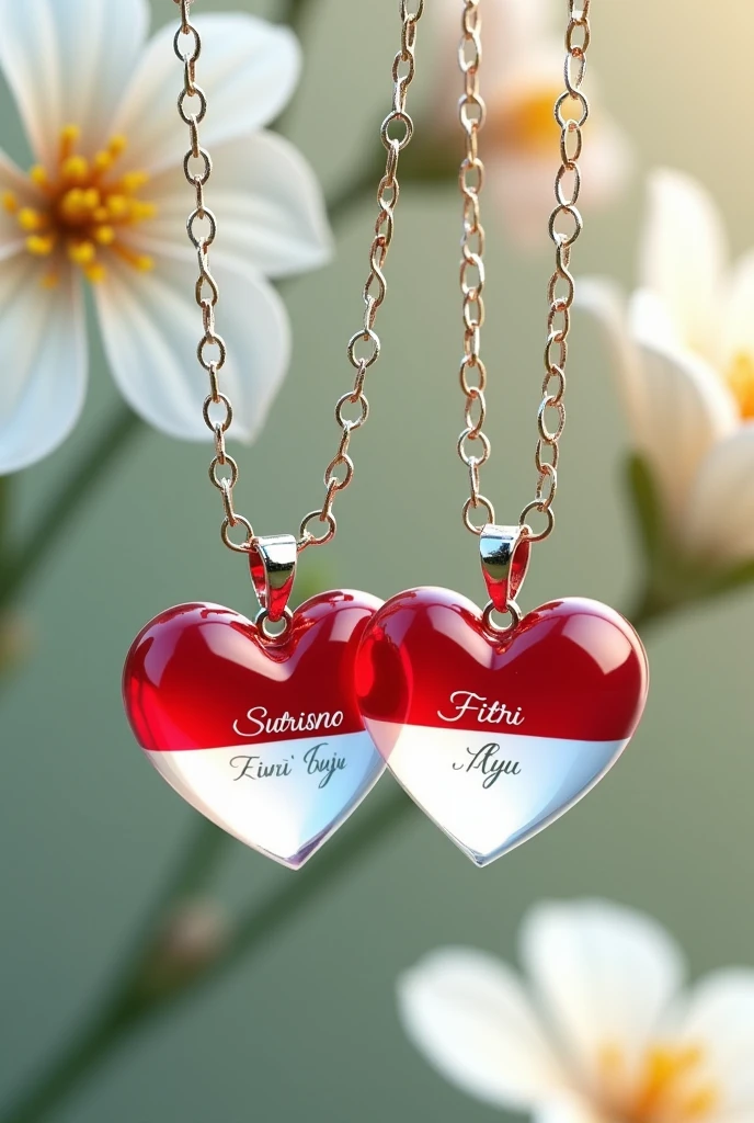Delicate and sober heart-shaped
pendants with chain each in shiny
glass Indonesian flag, with the well-
written engraved names "Sutrisno Fitri Ayu" background with white
flowers HD, rendering 3d, fashion,
vibrant, photo.