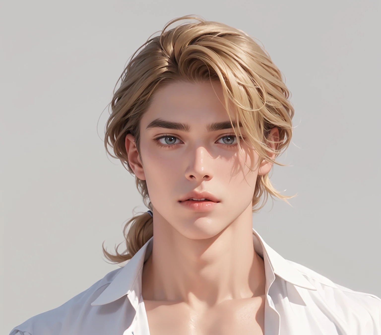 (No light and shadow environment:2),Soothing tones,Soft colors,A 23-year-old European and American model,(Shut up:1.5),(Hair sticking to scalp:1.5),Golden brown slightly curly shoulder-length hair,Ponytail hairstyle,Middle parting hairstyle,Edward Furlan,blond,With a melancholy expression,Blonde curly hair,male,White background,High Detail,male焦点,Abdominal muscles,Chest muscles,White shirt,Looking at the audience,