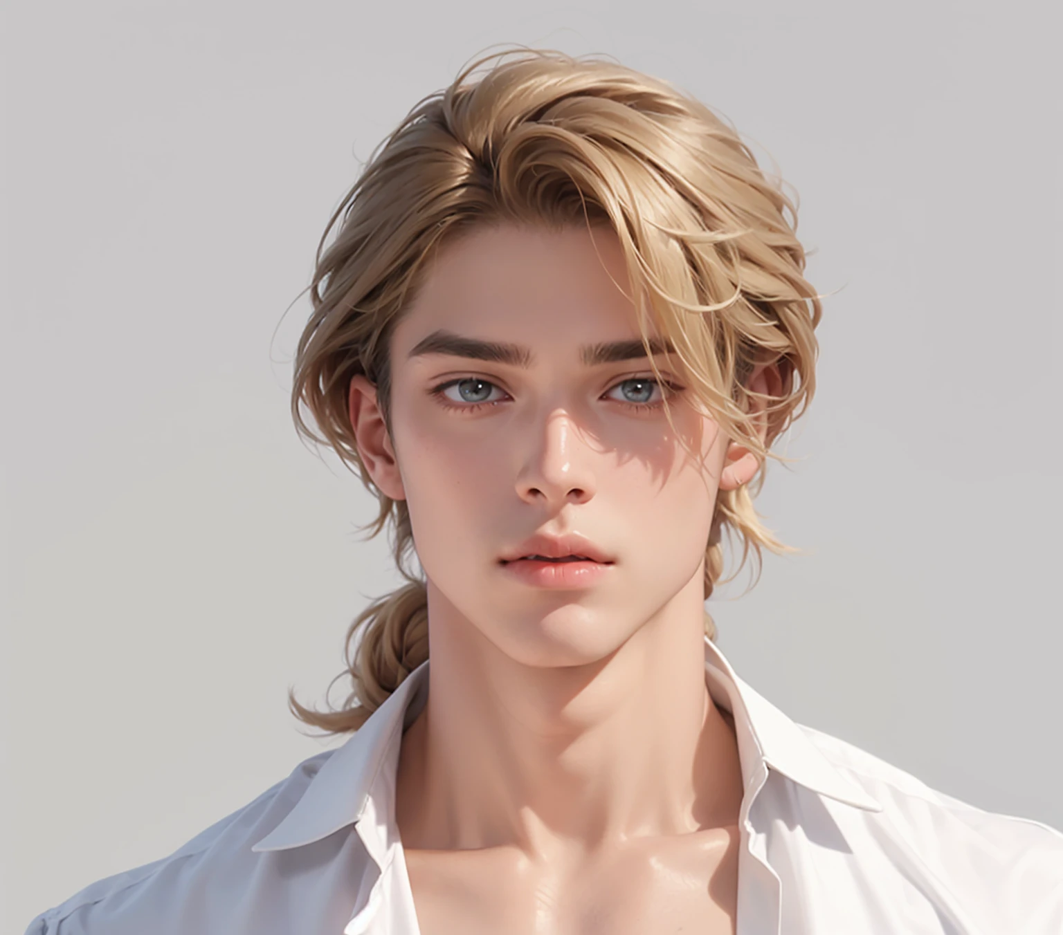 (No light and shadow environment:2),Soothing tones,Soft colors,A 23-year-old European and American model,(Shut up:1.5),(Hair sticking to scalp:1.5),Golden brown slightly curly shoulder-length hair,Ponytail hairstyle,Middle parting hairstyle,Edward Furlan,blond,With a melancholy expression,Blonde curly hair,male,White background,High Detail,male焦点,Abdominal muscles,Chest muscles,White shirt,Looking at the audience,
